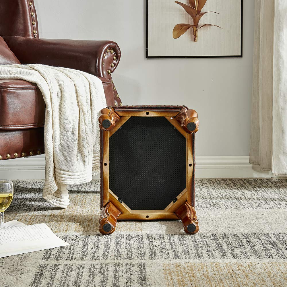 Small Footstool Brown Leather Ottoman, Vintage Carved Upholstered Footrest, Rubber Wooden Foot Rest Stool Sofa Stool