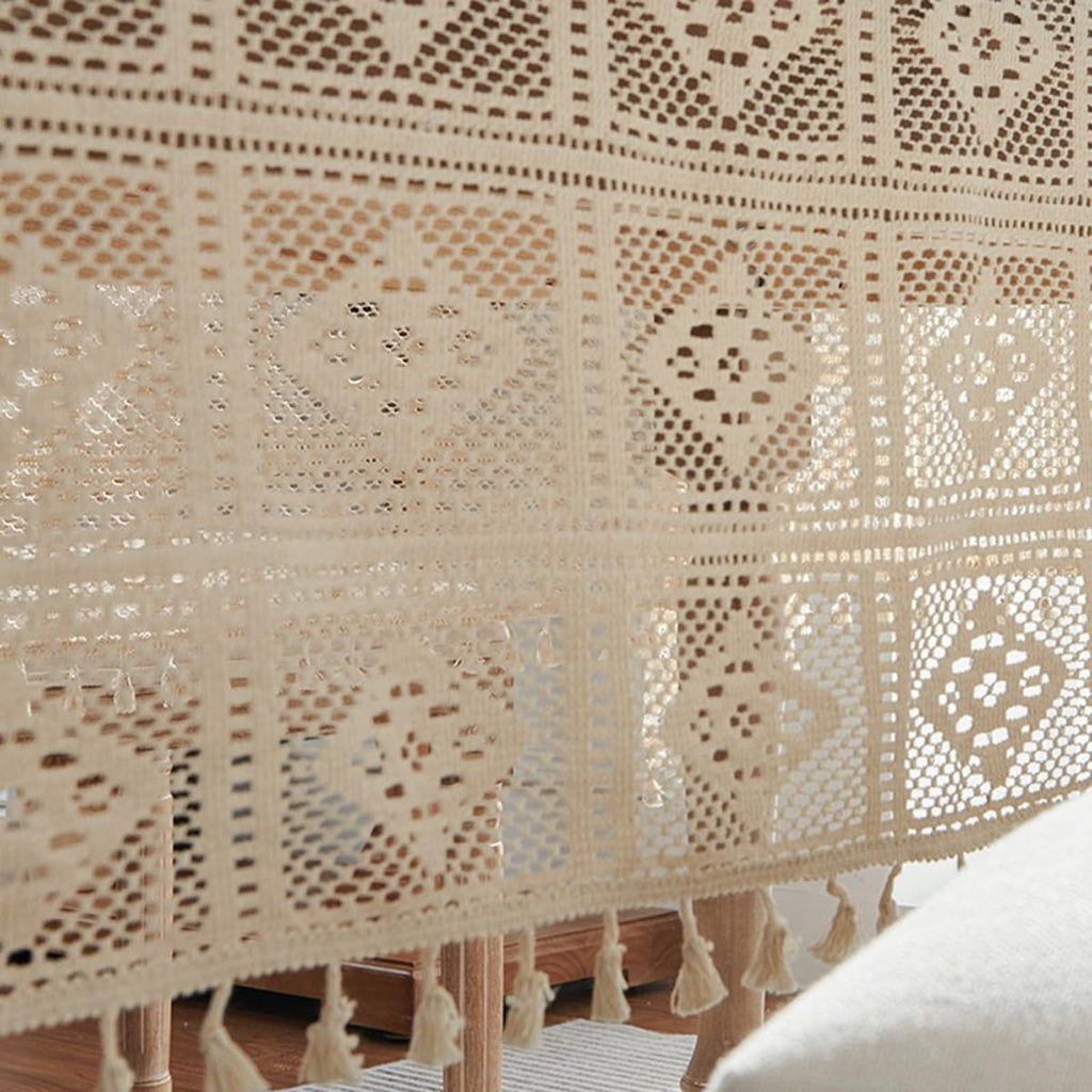 Bohemian Cotton Linen Tablecloth, Beige, 60"x70"