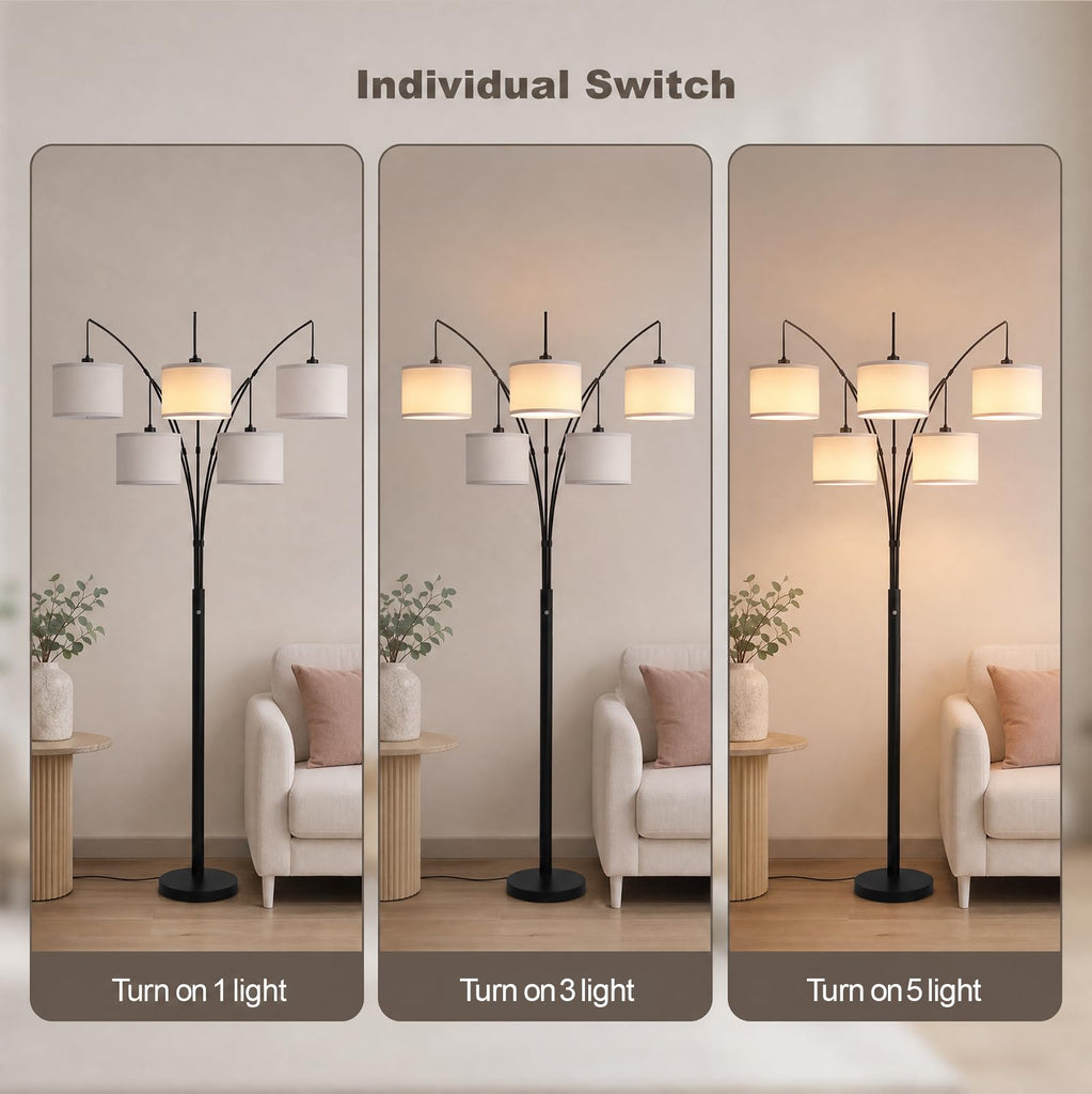 Floor Lamps, 4000LM Super Bright Arc Floor Lamp with Remote Control, 5 Light Tall Floor Lamps with Stepless