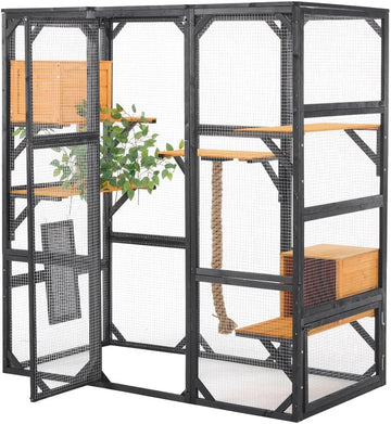 Outdoor Catio Enclosure, Large Walk-In Cat Cage with Platforms, Condos, Climbing & Scratching Posts, Pine Wood Cat
