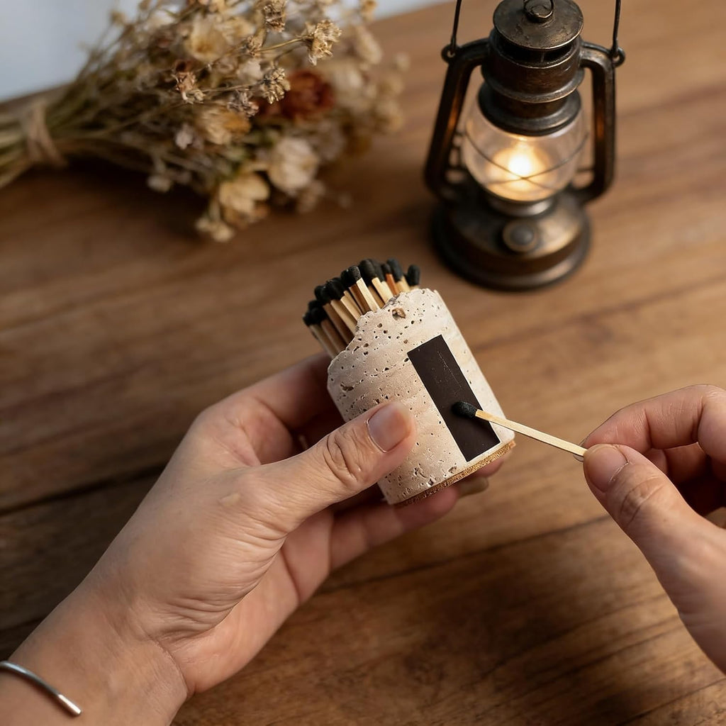 2-Piece Travertine Match Holder with Striker Modern Stone Jar - Set of 2
