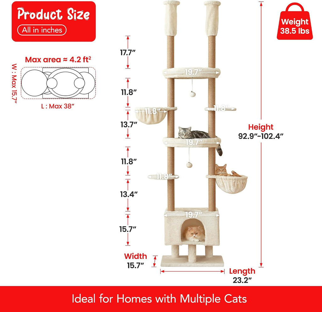 Cat Tree, Floor to Ceiling Cat Tower Adjustable Height [92.9-102.4 in=235-258cm], 7 Tiers Cat Climbing Play House