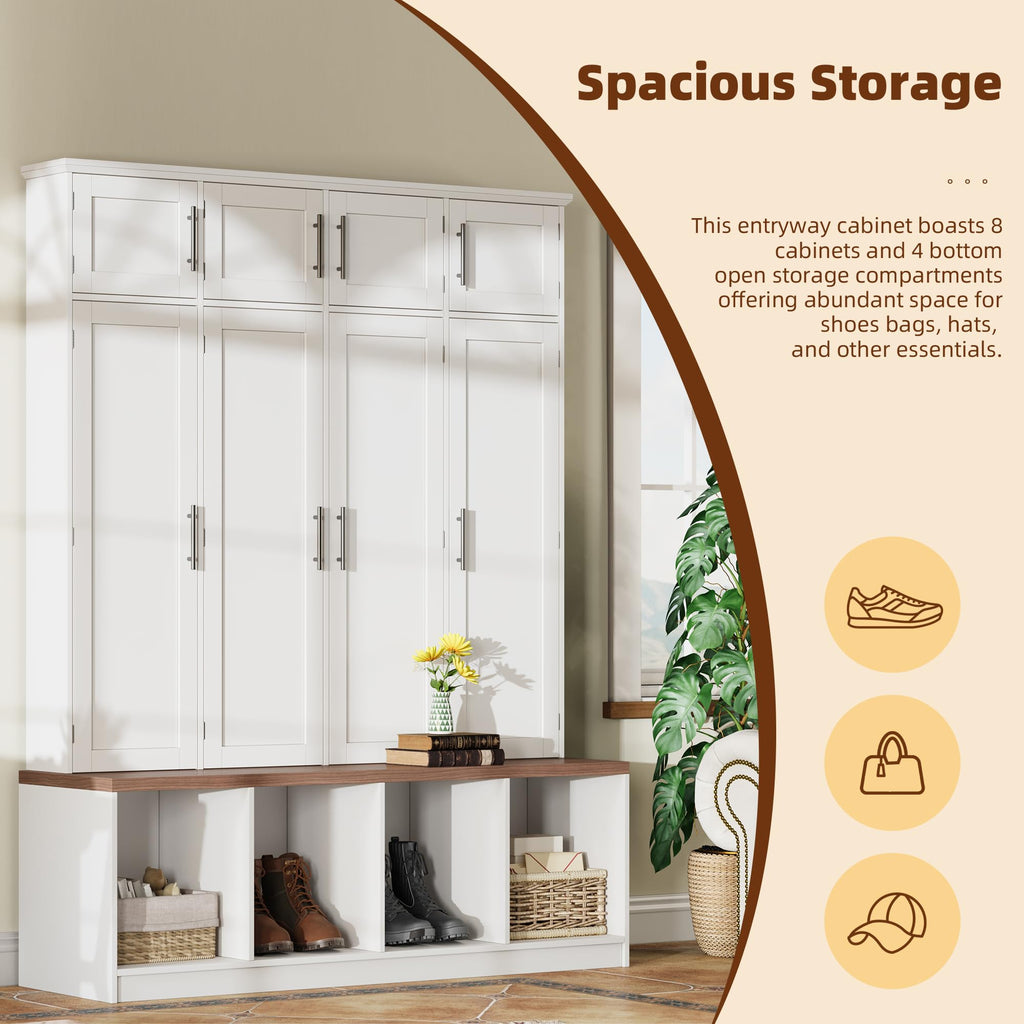 Farmhouse Hall Tree with Bench, 8 Doors & Hidden Hooks, White