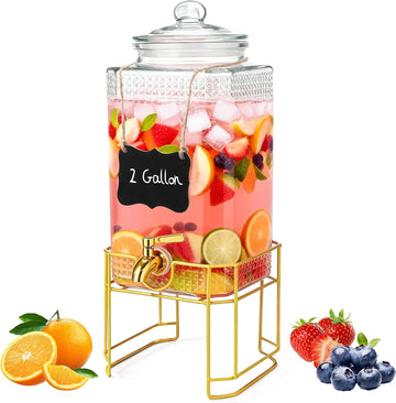 Drink Dispenser for Parties with Stand - 2 Gallon Beverage Dispenser with 18/8 Gold Stainless Steel Leak-Proof Spigot