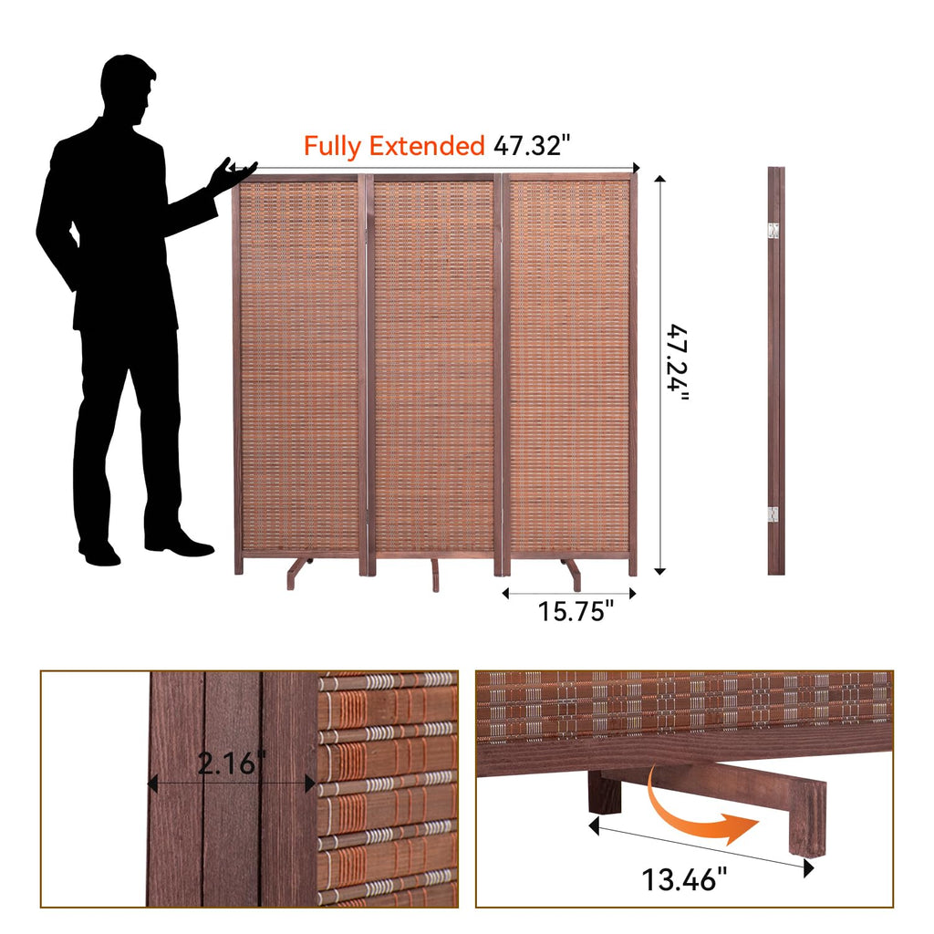 Bamboo Room Divider 3 Panel 47" H, 360°Rotating Feet Privacy Screen, Brown