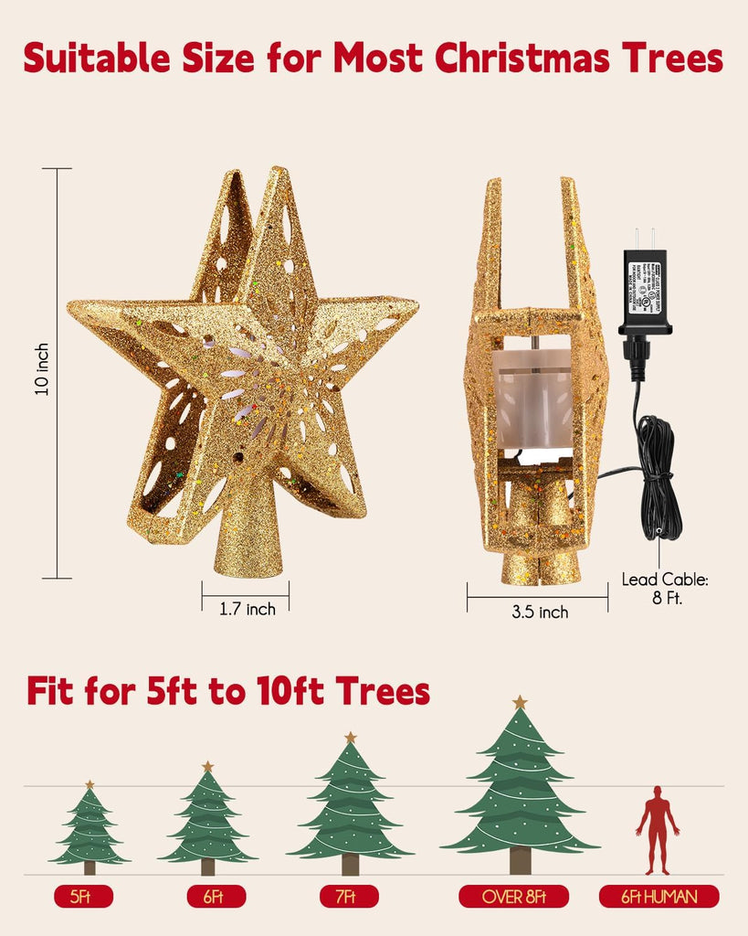 Christmas Star Tree Topper with Snowflake Projector Lights