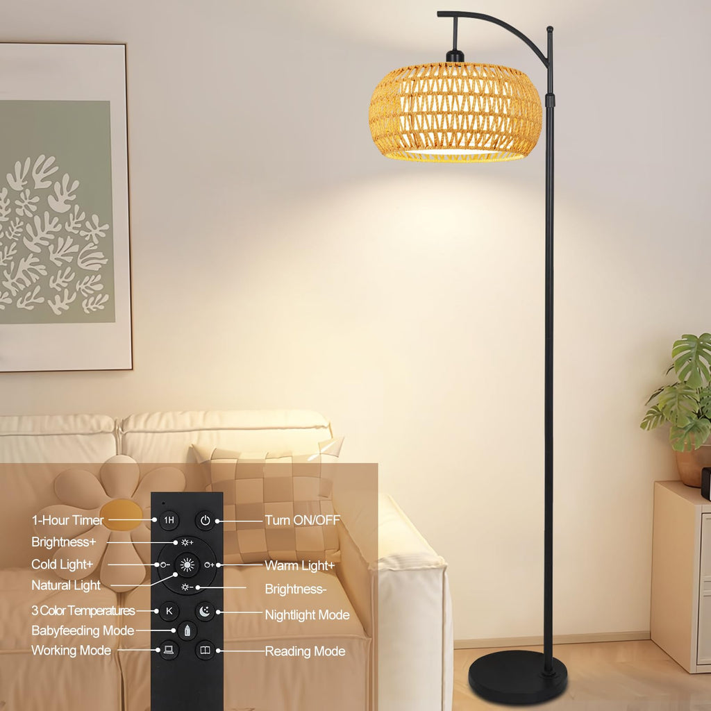 Arc Floor Lamps Rattan Boho Floor Lamp with Remote Control,Dimmable LED Floor Lamp Wicker Lamp Shades Black Standing