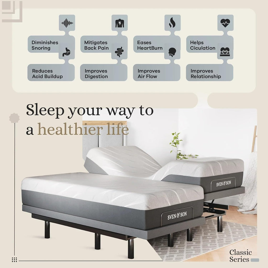Classic Adjustable Bed Base, Head and Foot Lift, Massage, Under-Bed Lights, USB, Gel Memory, Zero Gravity Smart Frame