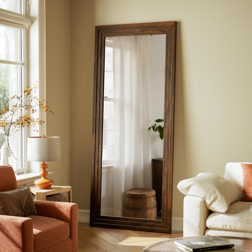 Full Length Mirror 71"X32", Walnut Large Floor Mirror with Solid Wood Frame