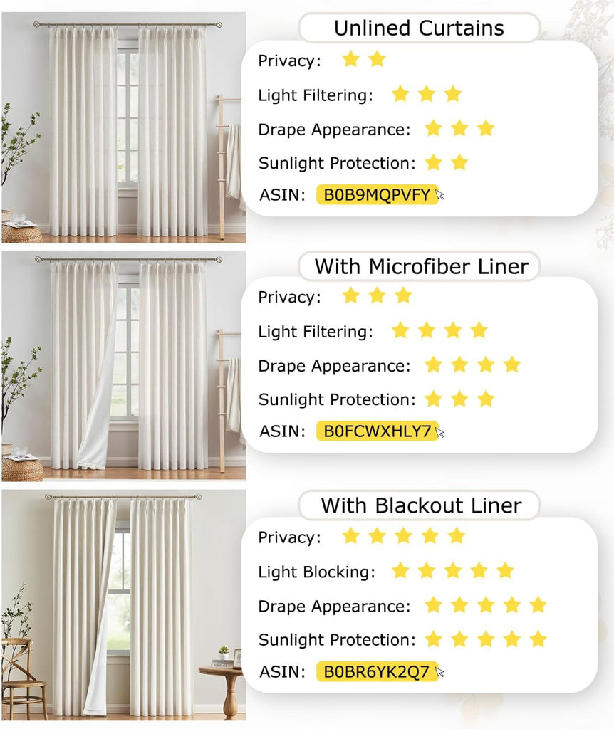 Natural Pinch Pleated Full Blackout Curtains Linen Blended Room Darkening Window Curtains 90 inch for Living Room