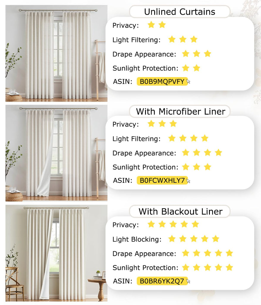 Natural Pinch Pleated Full Blackout Curtains Linen Blended Room Darkening Window Curtains 90 inch Bedroom Thermal