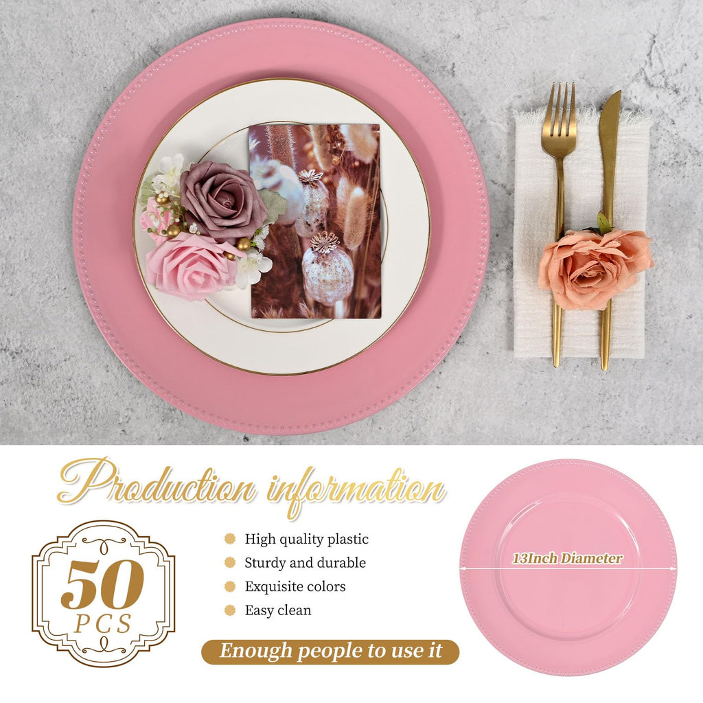 50 Pack Pink Charger Plates Bulk, 13 Inch Round Plastic
