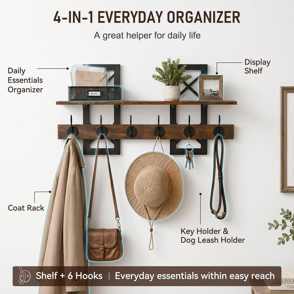 33.86" Wall Mounted Coat Rack with Shelf, Heavy Duty Entryway Wall Organizer with 6 Dual Hooks and Key Holder, Rustic