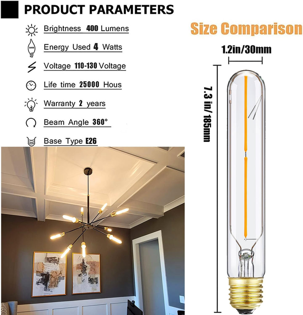 E26 Tubular LED Bulbs 4W Dimmable T10 Vintage Bulb 3000K Soft White