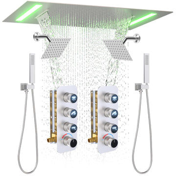 Shower Faucet Set with Glowing Icon Valve, 2 In 1 Functions Ceiling Mount 14x20inch LED Shower Head with 6 Inch