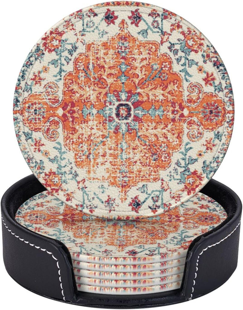 Vintage Retro Ethnic Boho Coasters for Drinks Round Leather Coaster with Holder for Tabletop Protection Desk - Set of 6