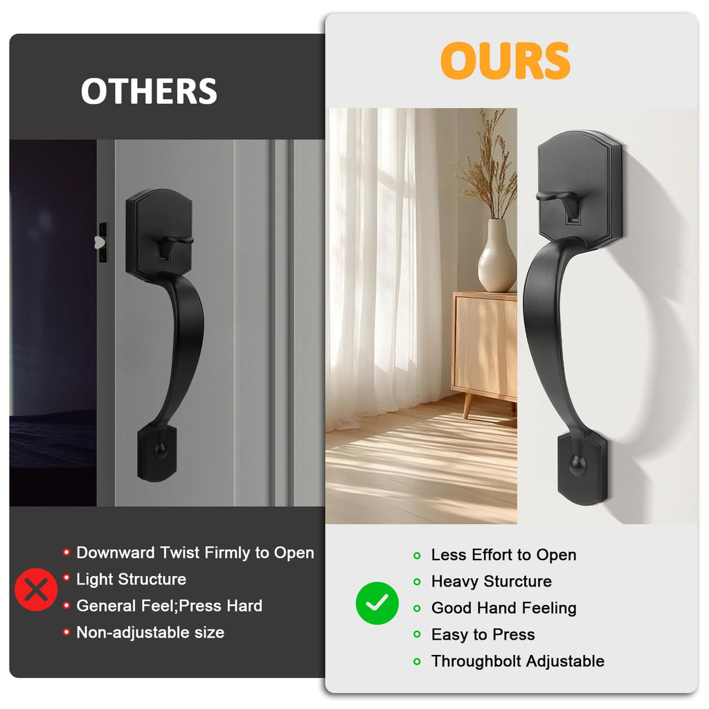 Black Lower Half Front Entry Handleset, Heavy Duty Entry Door Handle with Interior Reversible Handed Lever, Lock Grip