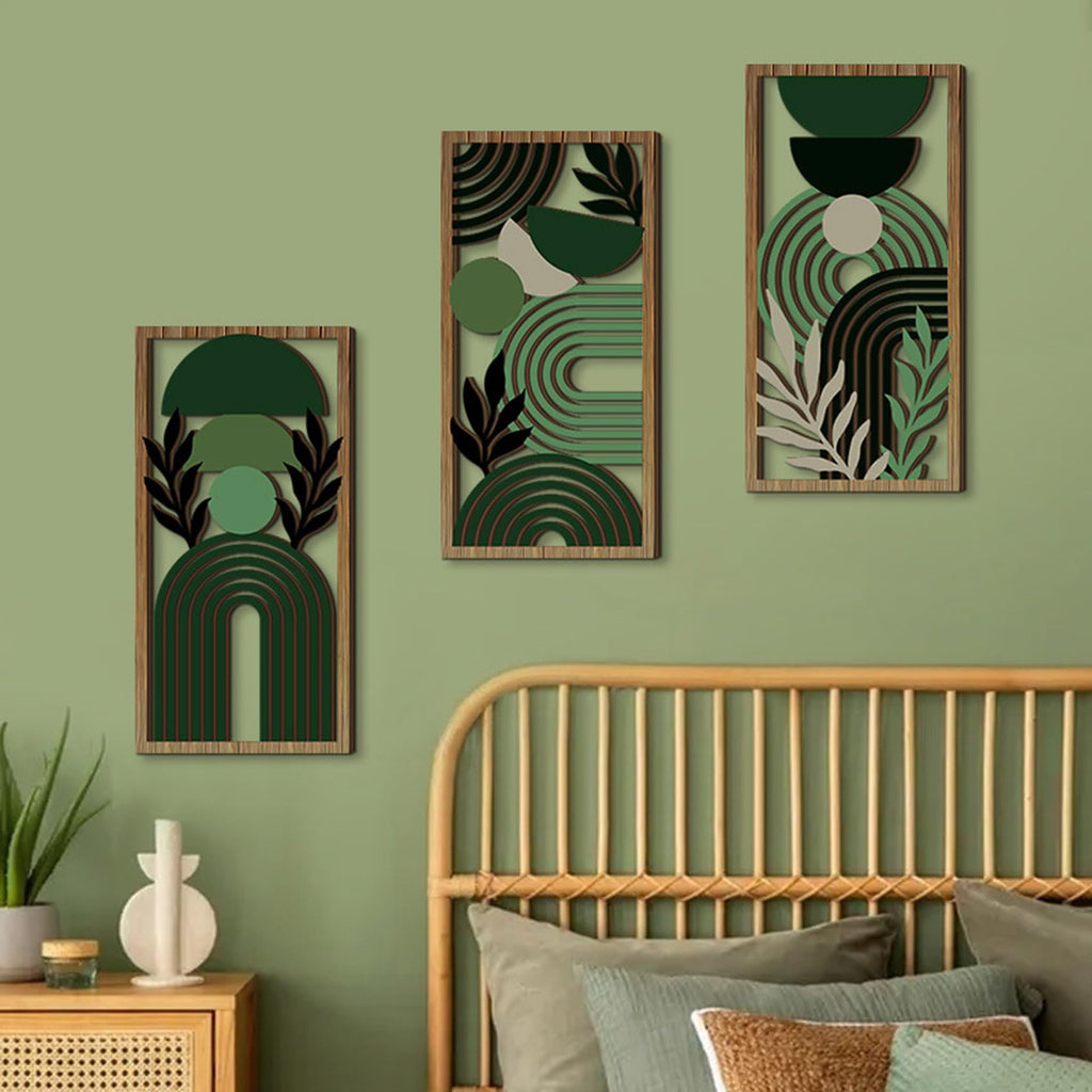 LB Modern Geometric Wall Art Set of 3, Boho Abstract Mid Century Wall Decor Wooden Framed, Green Striped Black Leaf