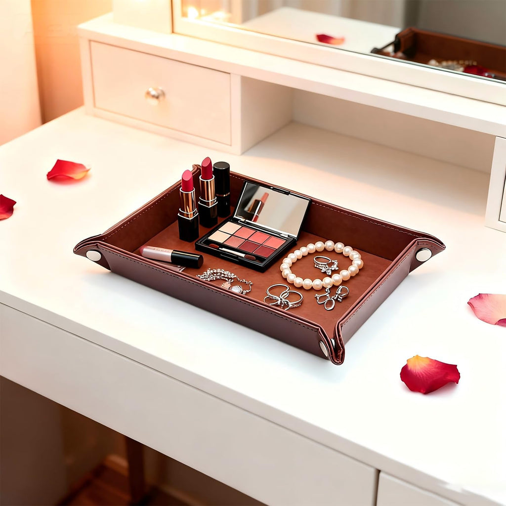 Leather Valet Tray Organizer, Catchall Tray, Desktop Storage for Keys, Coins, Wallet, Phone, Jewelry | Multi-Use