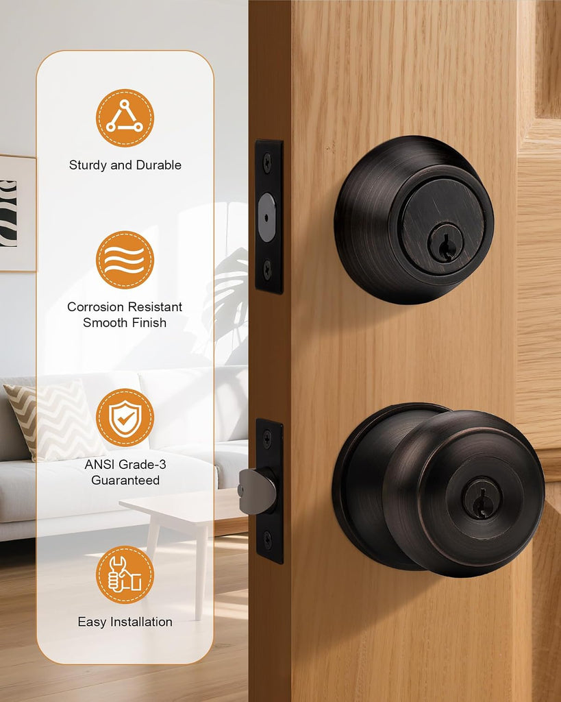 Keyed Alike Entry Door Knob and Single Cylinder Deadbolt Lockset, Front Door Knob with Key and Deadbolt, Oil Rubbed