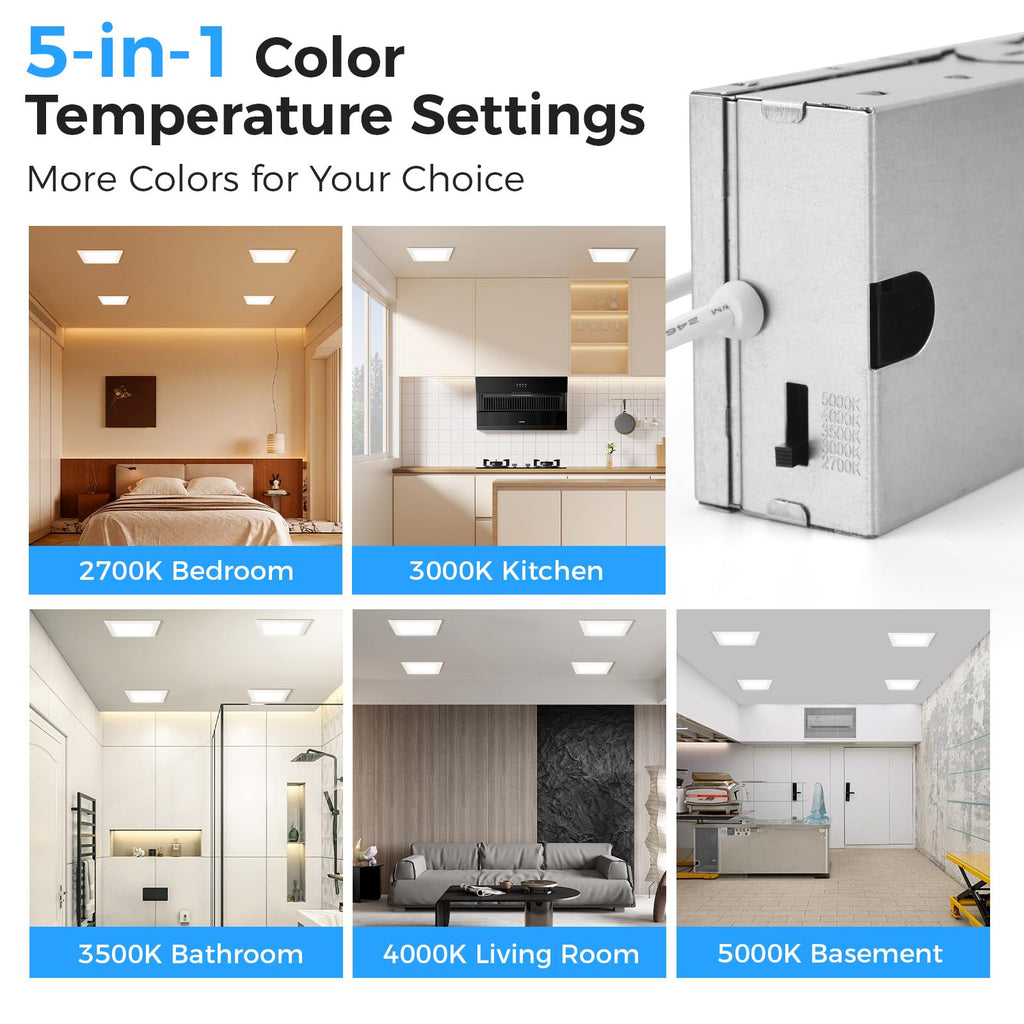 6 Pack 4 Inch Square LED Recessed Lighting, 5CCT, 12W, Dimmable
