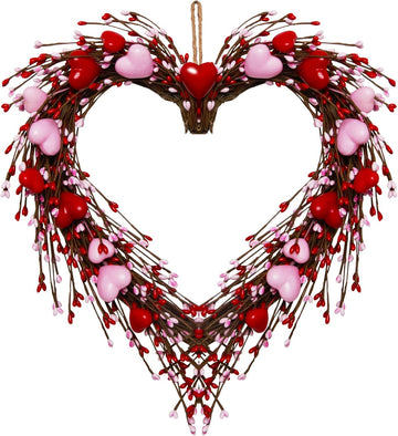 Valentines Day Wreath Decor,14 Inches Artificial Red Pink Berries and Small Pink Hearts,Valentines Wreaths for Front