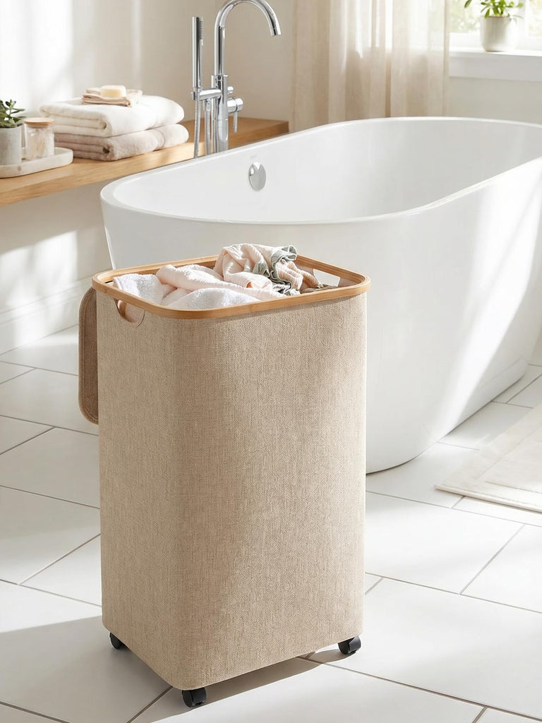Laundry Basket with Wheels, Tall Rolling Laundry Hamper with Lid and Removable Bag, Aesthetic Dirty Clothes Hamper on