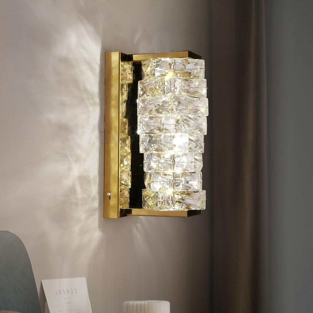 Gold Crystal Wall Sconce, Modern Dimmable LED Sconces Wall Lighting, Luxury Vanity Light Fixture Bathroom Wall