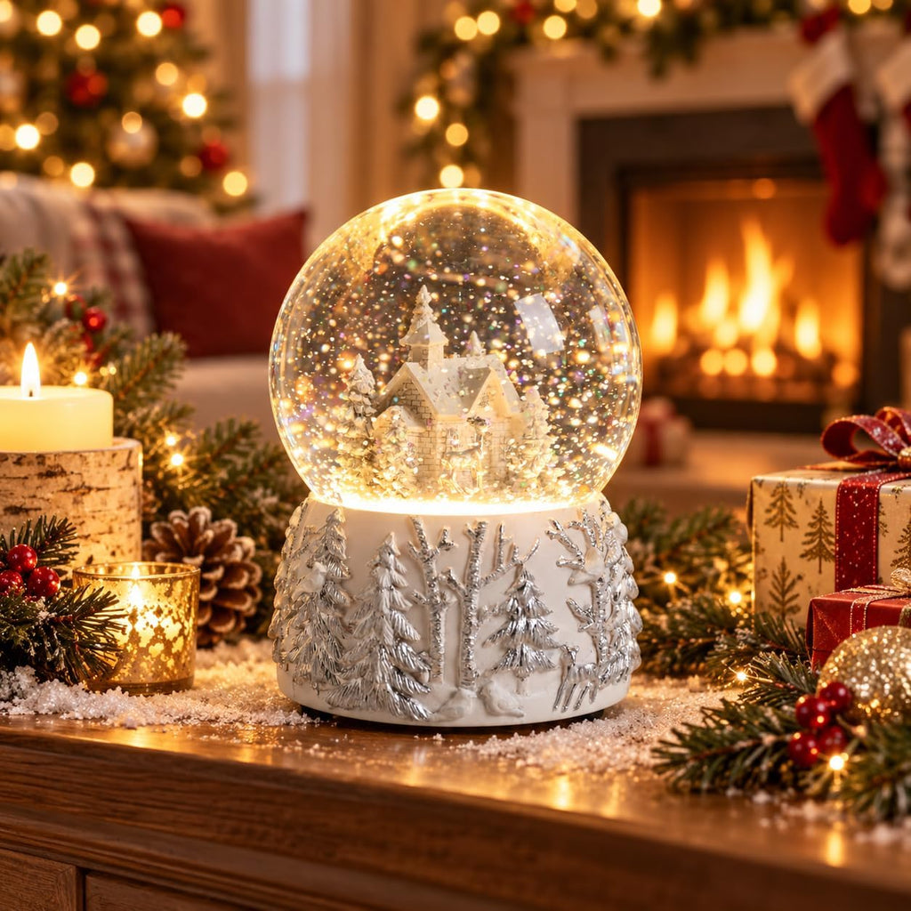 Christmas Snow Globe, White Winter Village Musical Snow Globe Decor