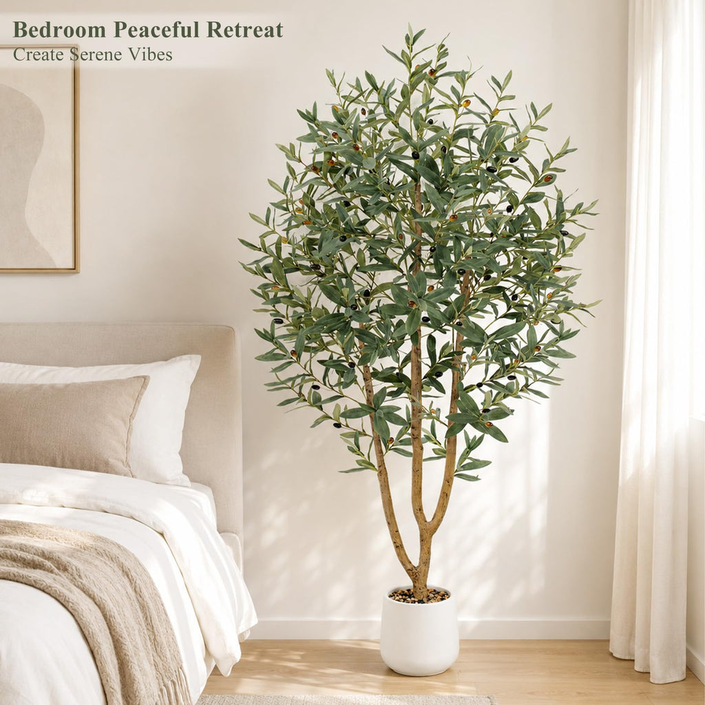 6FT Olive Trees Artificial, Large Faux Olive Tree with White Tall Planter, Faux Tree Indoor with Lush Lifelike Fruits