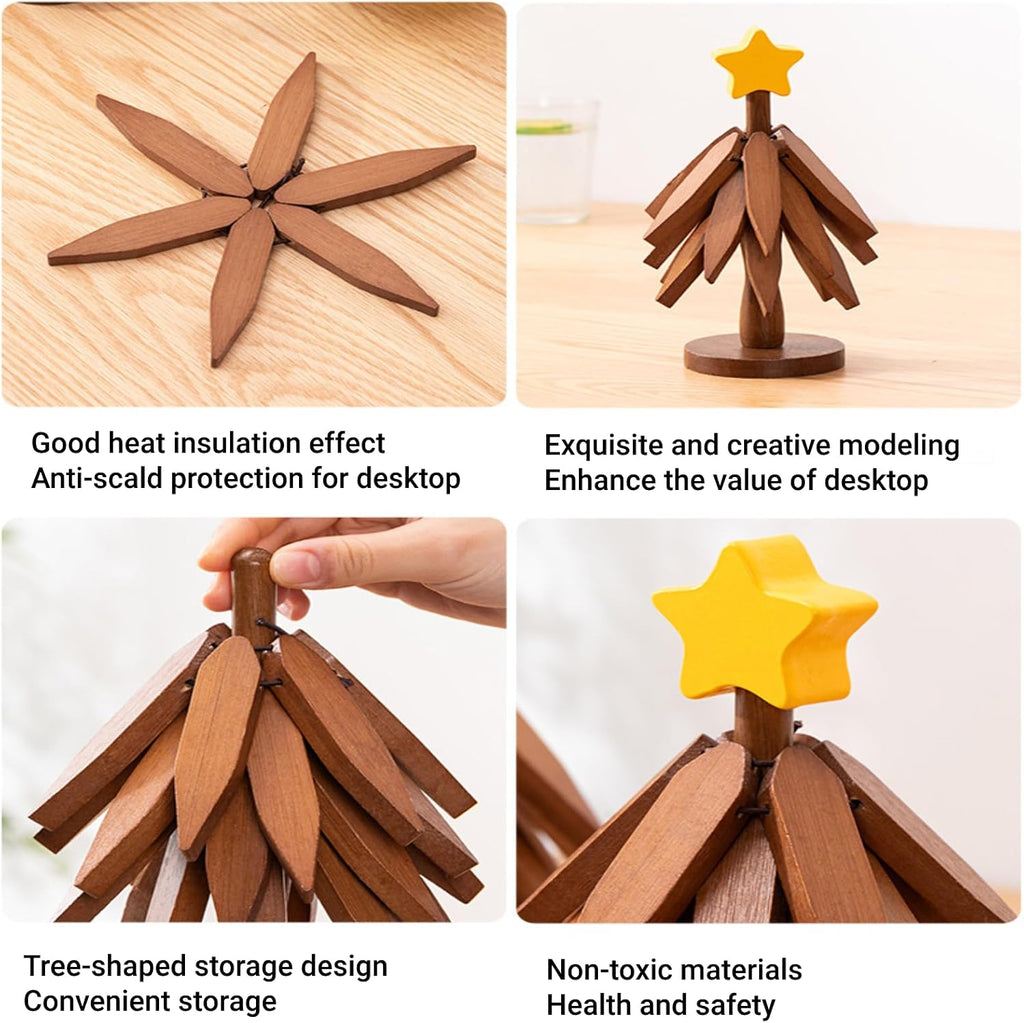 Trivets for Hot Dishes, Upgraded Foldable Wooden Coaster Set Walnut Wood Christmas Tree Trivet Stand Home Decoration