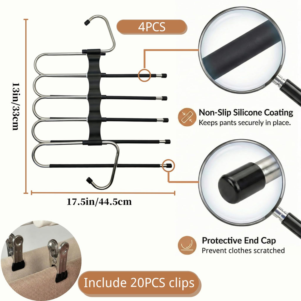 Pants Hangers Space Saving, 5 Tier Jeans Hanger for Closet, Black Multiple Heavy Duty Stainless Steel Pant Rack for