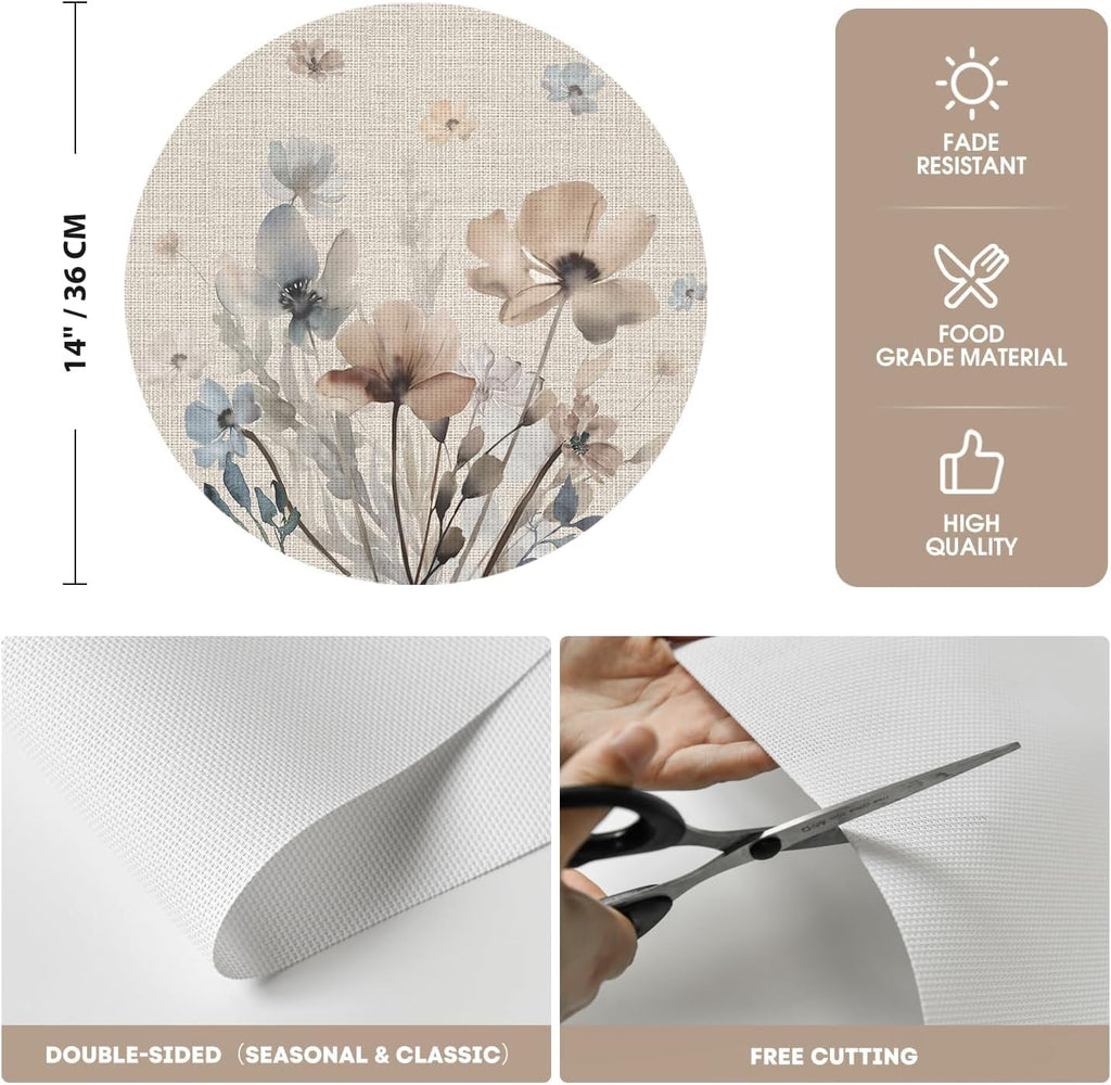 Brown Poppy Floral Round Placemats, 14 Inch Washable Non-Slip Plastic Woven Plastic PVC Place Mats - Set of 4
