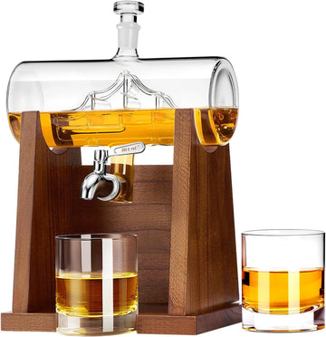 Ship Whiskey Decanter Set for Men, 1250ml Liquor Decanter Gift with Ship Inside, 2 Whiskey Glasses & Wooden Stand