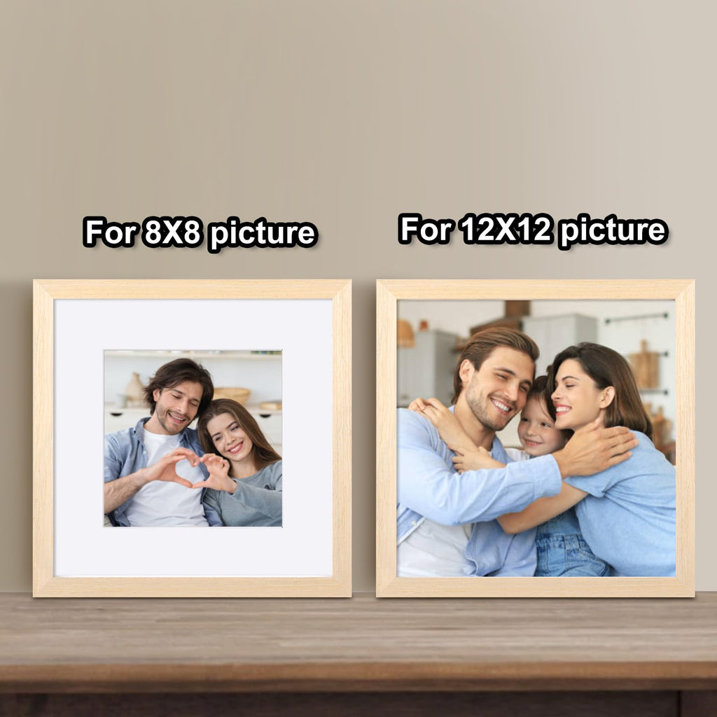 12x12 Picture Frame Made of Solid Wood with Plexiglass, Display Pictures 8x8 with Mat or 12x12 Without Mat for