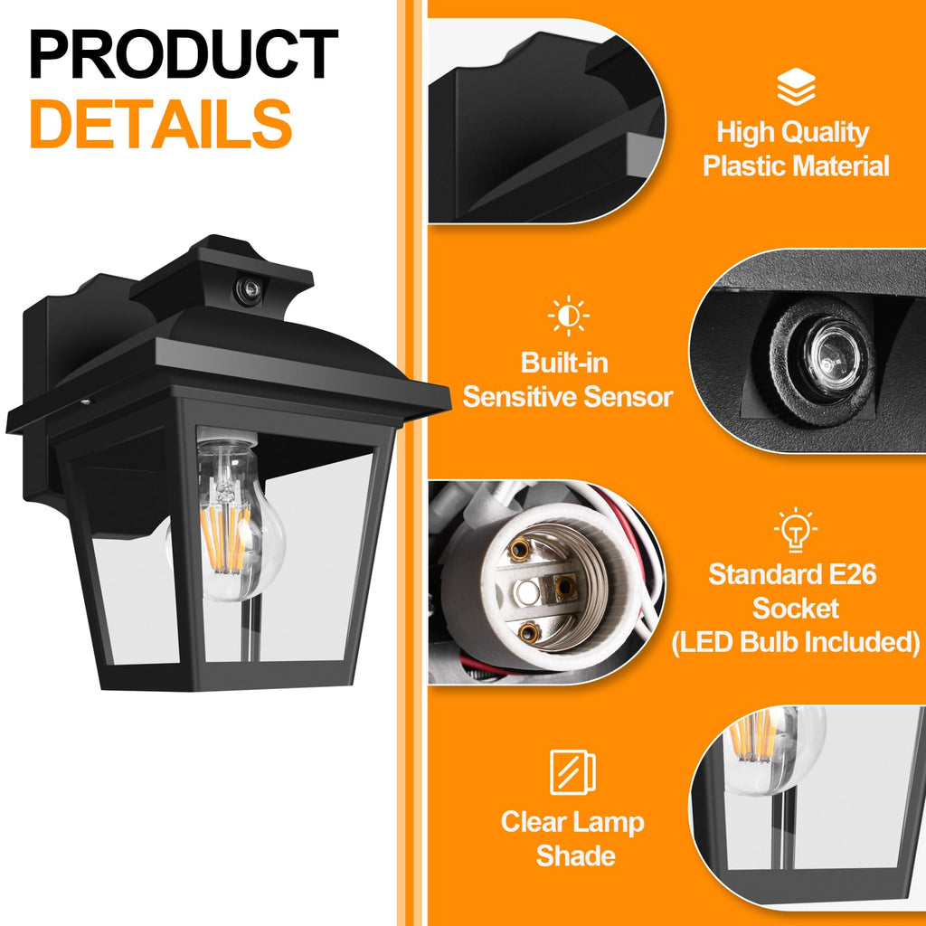 Dusk to Dawn Outdoor Wall Light Fixture, Exterior Porch Lantern, Black