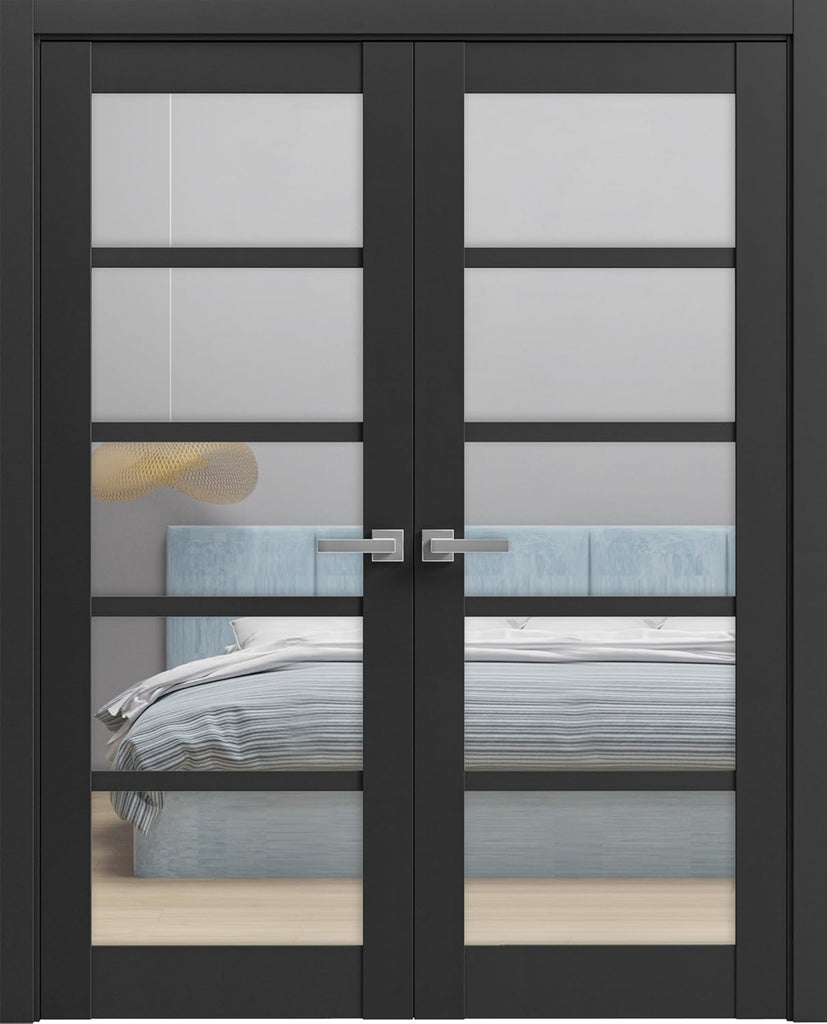 Quadro 4522 | Double Swing Interior French Doors with Glass, MDF, Hardware Included, 60x80, Black, M
