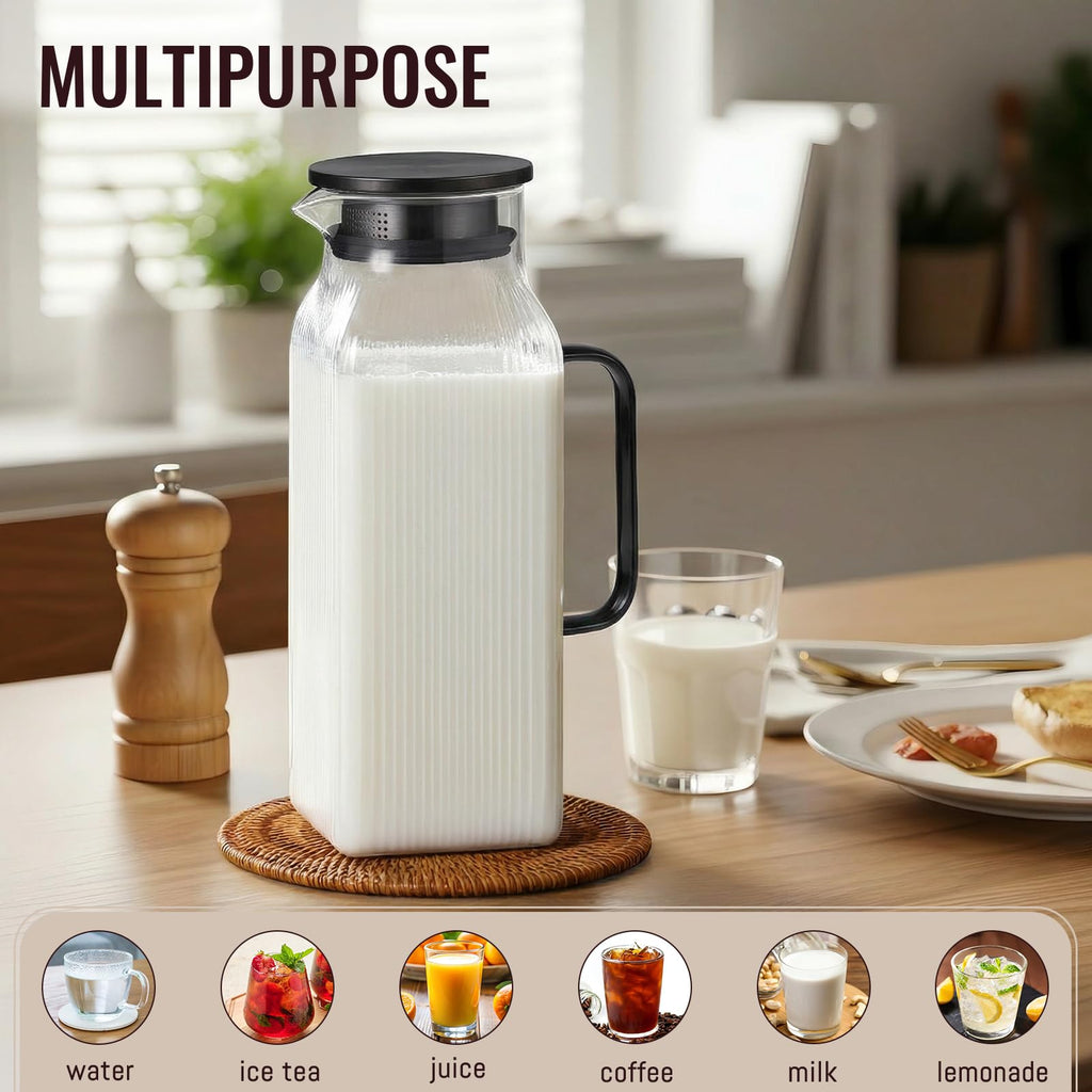 2 Liter/68 oz Square Glass Pitcher with Lid, Classic Stripes Water Pitchers with Handle for Fridge, Large Jug for