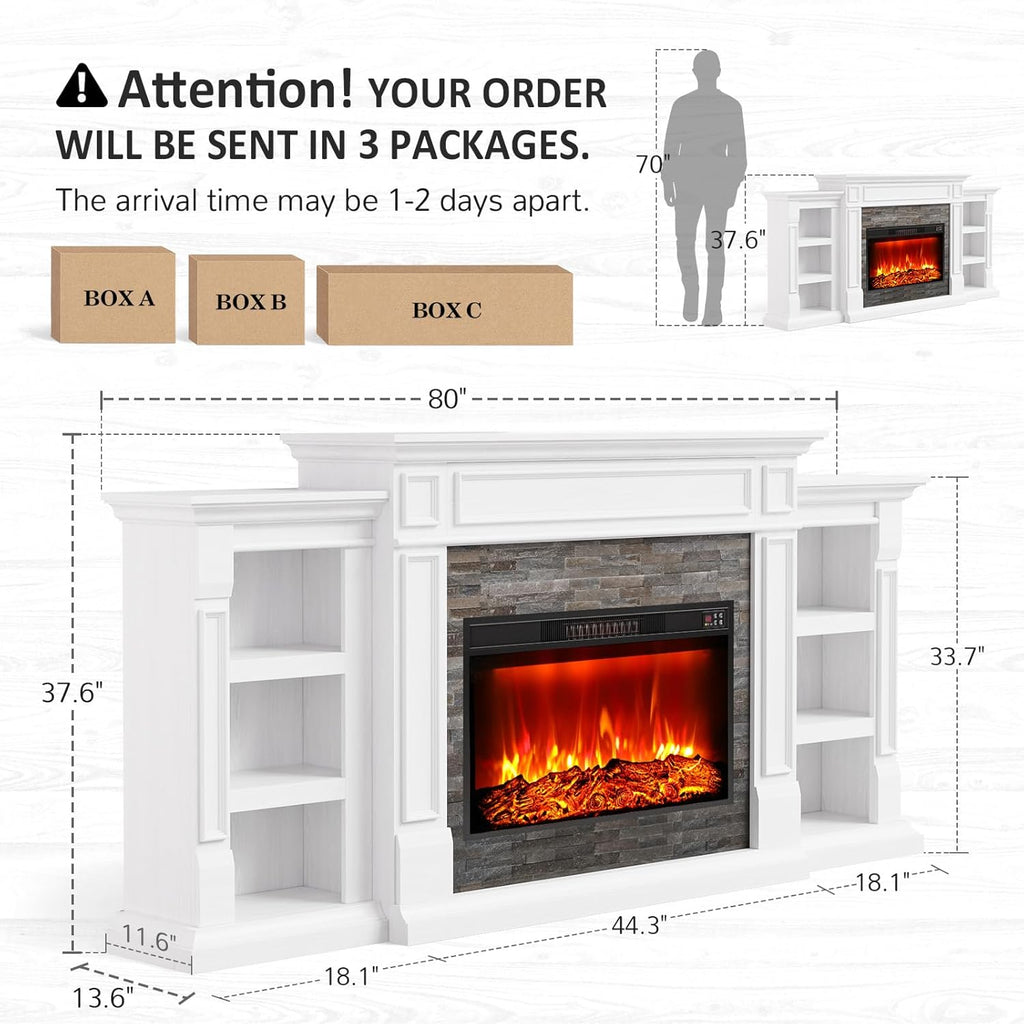 80" Electric Fireplace with Mantel and Cabinets, Fireplace TV Stand for Living Room Bedroom, 30in Realistic Flame