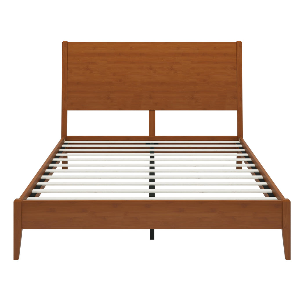 Queen Size Solid Wood Bamboo Bed Frame, Mid-Century Modern Sleigh Platform Bed Frame with 8.1"H Under-Bed Space, Wood