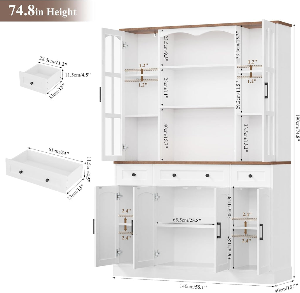 74.8" Tall Pantry Cabinet with Microwave Stand, Large Storage Kitchen Hutch with 3 Drawers & Adjustable Shelves