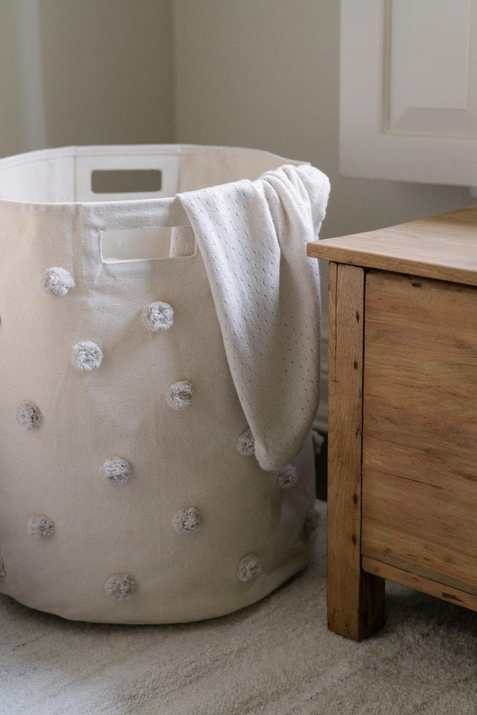 Pom Pom Basket, Hamper, Grey, Cotton Canvas Storage, 18" D x 20" H
