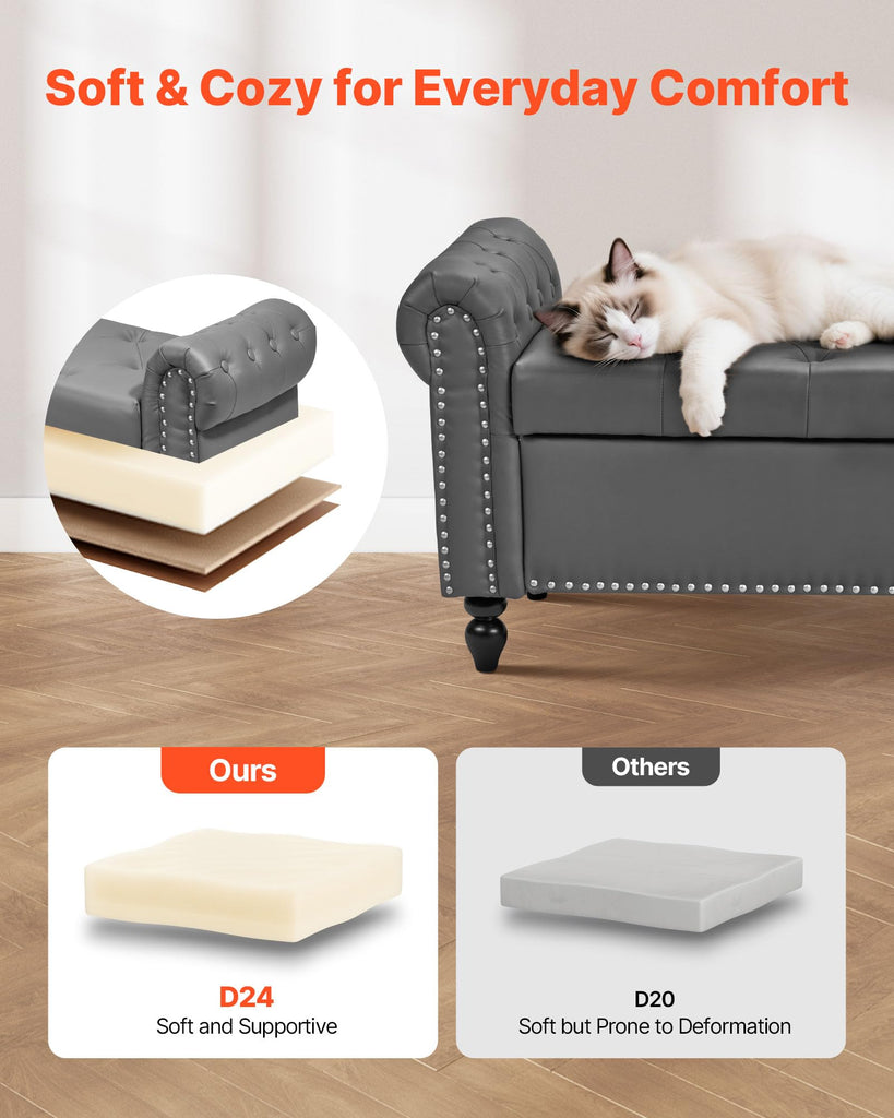 Button-Tufted Storage Ottoman Bench, Rolled Arm PU Leather Bench with Solid Wood Legs, Modern Shoe Benches Seat