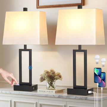 Touch Control Table Lamps with 2 USB Charging Ports & AC Outlets, 23" Tall Modern Nightstand Bedside Lamp, 3-Way