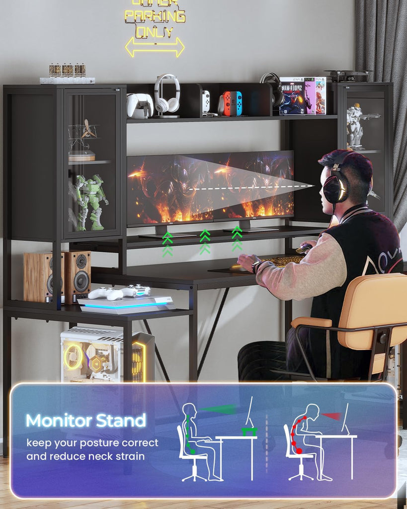 Gaming Desk 75'' with LED Lights, Hutch and Storage Shelves, Black | Computer Desk with Monitor Stand, Large PC Gamer