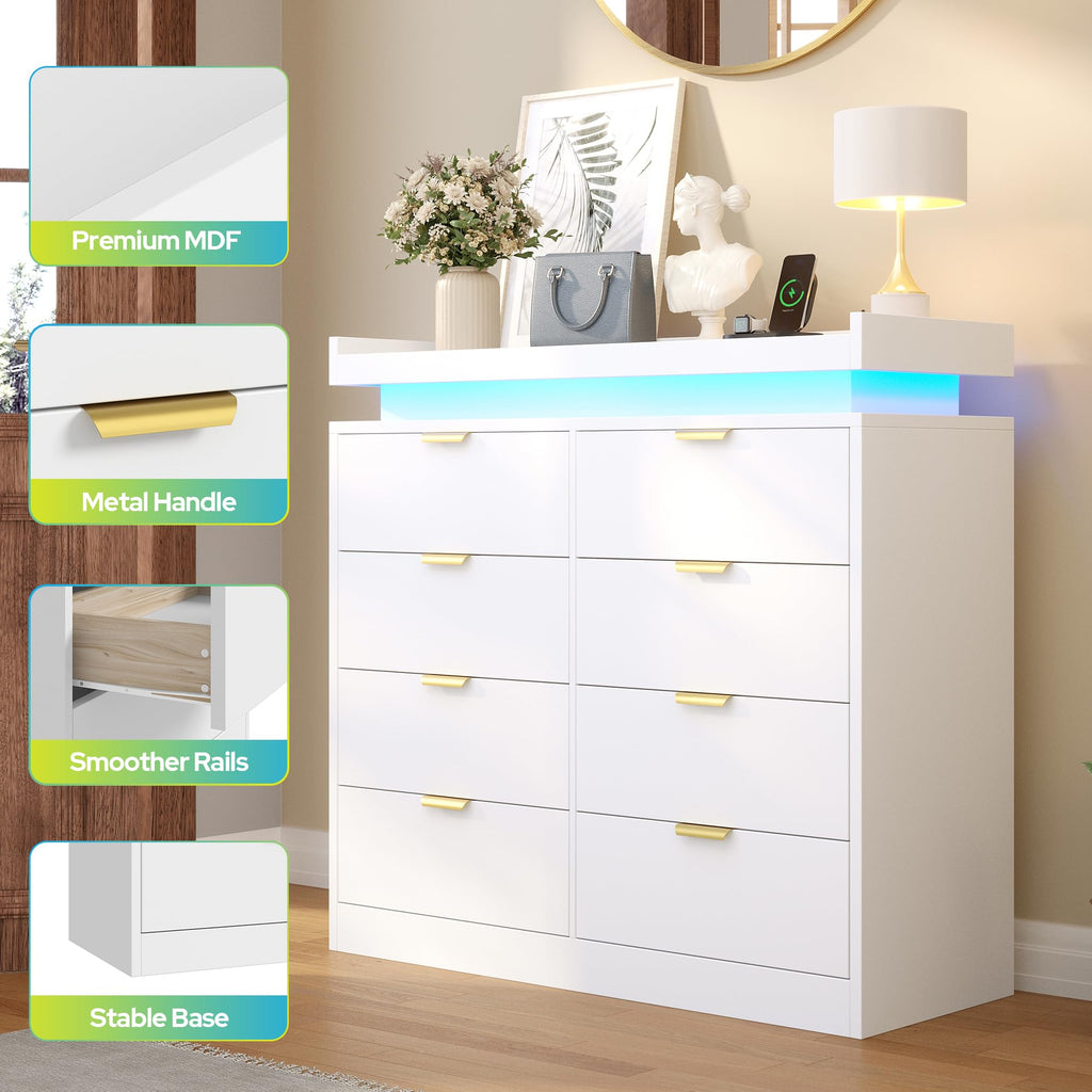 8 Drawer Dresser, White Dresser with LED Lights and Power Outlet, Large Wooden Dressers Modern Chest of Drawers