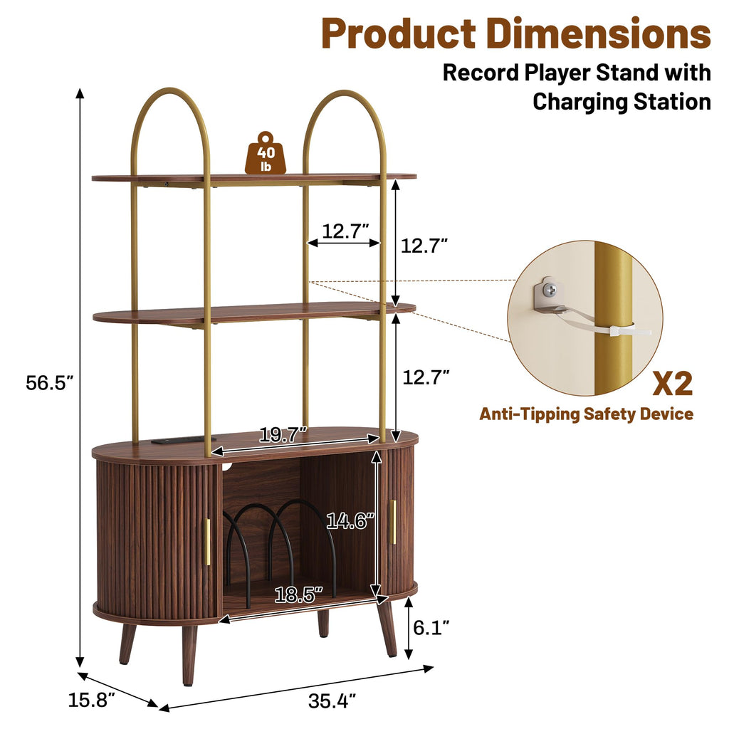 Tall Record Player Stand with Charging Station, 3 Tier Arched Shelf & Vinyl Record Storage Cabinet, Mid Century