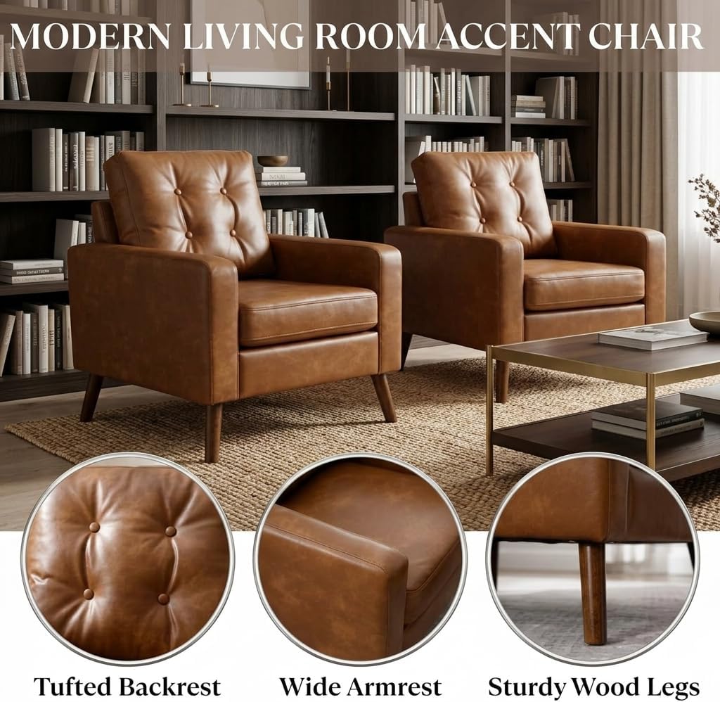 Mid-Century Faux Leather Accent Chairs, Tufted Upholstered Living Room Chairs with Solid Wood Legs, Retro - Set of 2