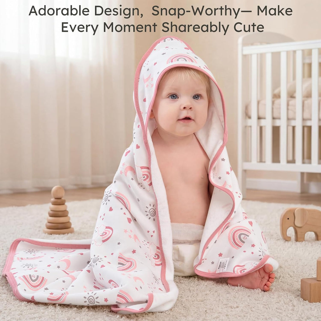 Girl Bath Towels for Newborn, 100% Cotton Hooded Baby Towels for Infant Toddler, 2 Pack Bath Towels with Hood