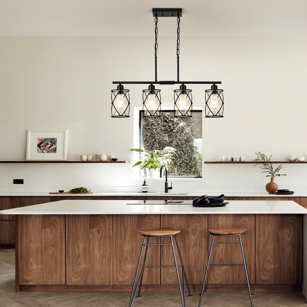 Kitchen Island Lighting, Modern Black Dining Room Light Fixtures with Clear Glass, Farmhouse Industrial